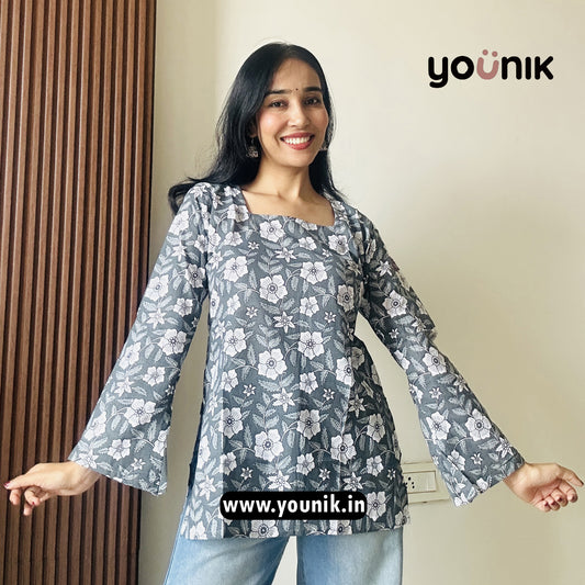 Gray Floral Printed Bell Sleeve Short Kurti