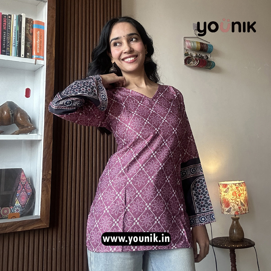 Purple Bandhani Printed Bell Sleeve Corset Back Short Kurti