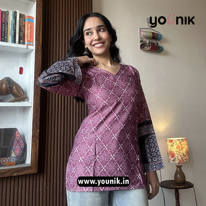 Purple Bandhani Printed Bell Sleeve Corset Back Short Kurti