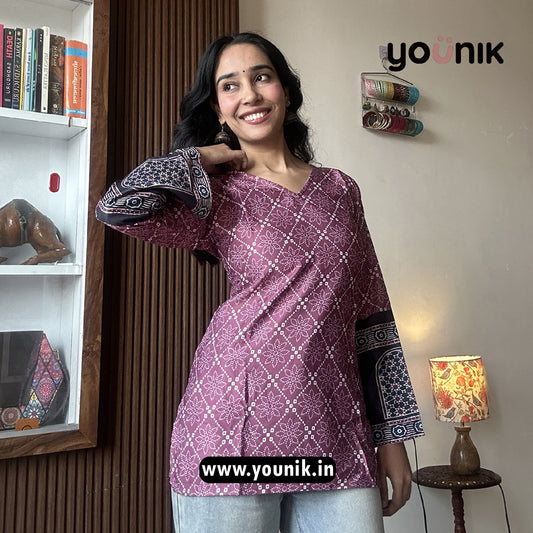 Purple Bandhani Printed Bell Sleeve Corset Back Short Kurti