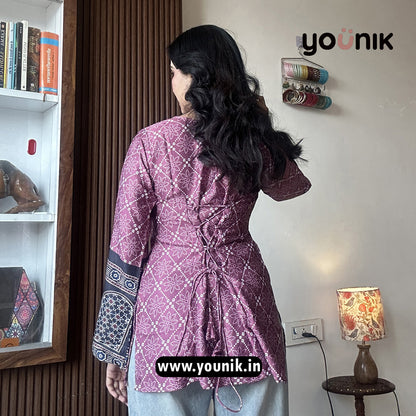 Purple Bandhani Printed Bell Sleeve Corset Back Short Kurti