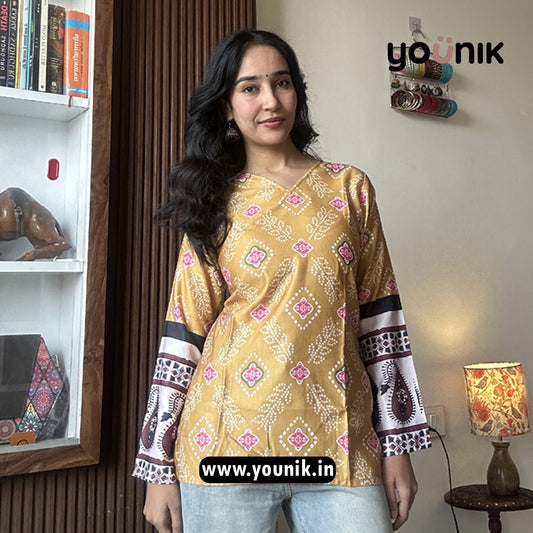 Mustard Yellow Bandhani Printed Bell Sleeve Corset Back Short Kurti
