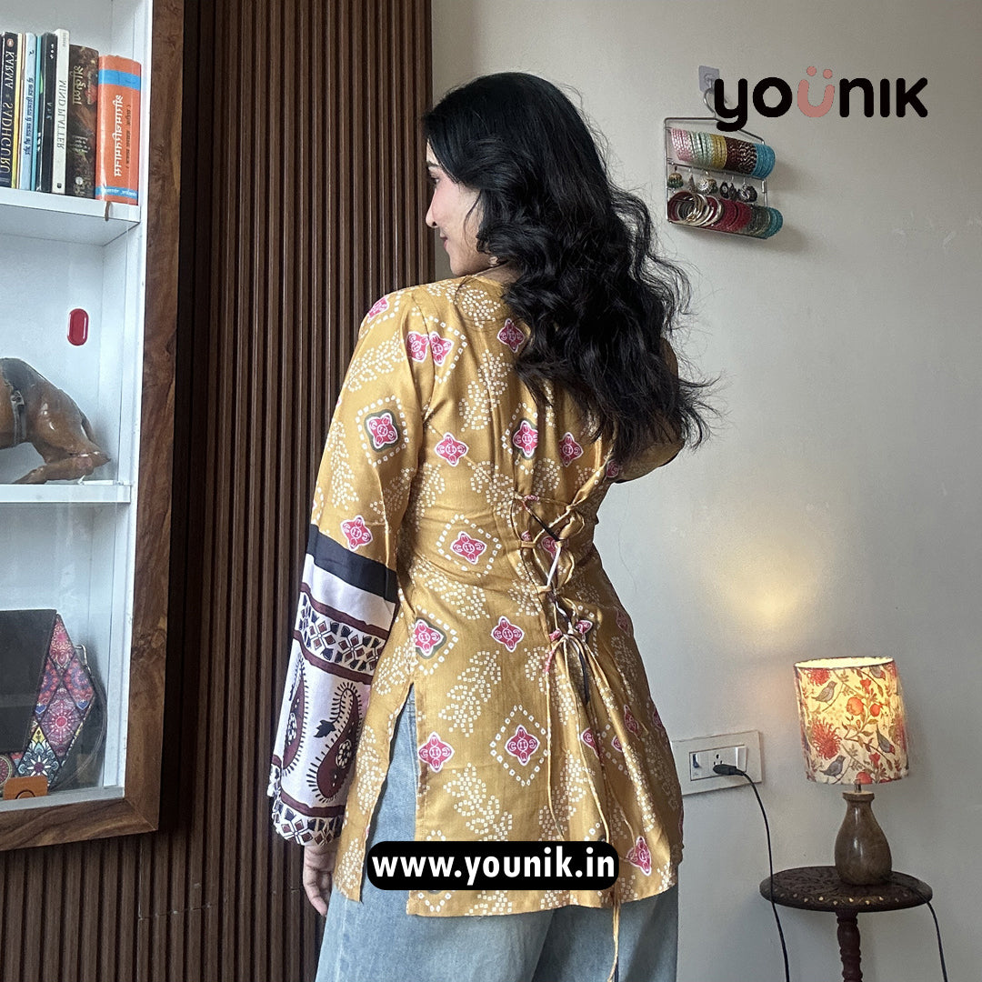 Mustard Yellow Bandhani Printed Bell Sleeve Corset Back Short Kurti