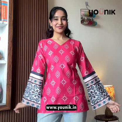 Pink Bandhani Printed Bell Sleeve Corset Back Short Kurti