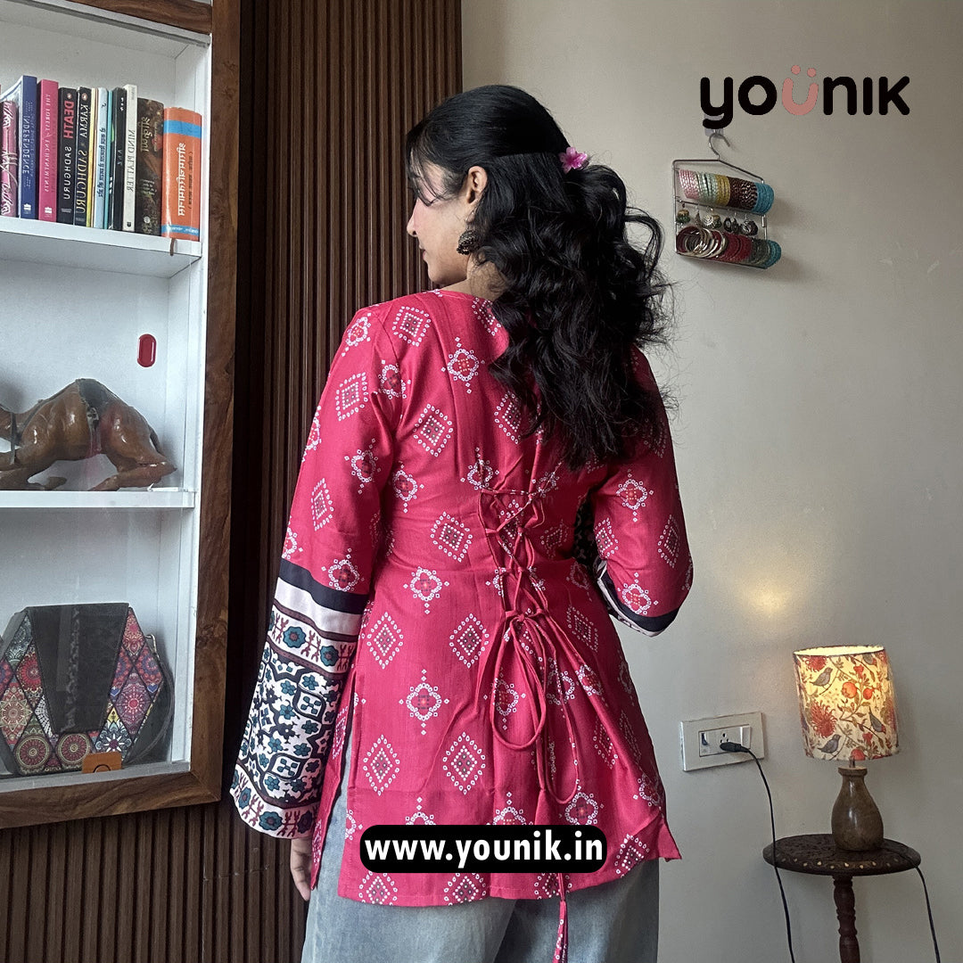 Pink Bandhani Printed Bell Sleeve Corset Back Short Kurti