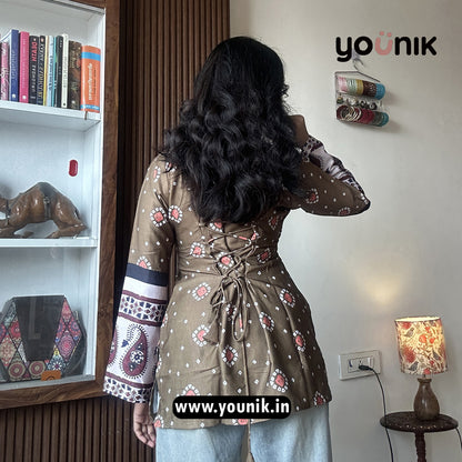 Olive Green Bandhani Printed Bell Sleeve Corset Back Short Kurti