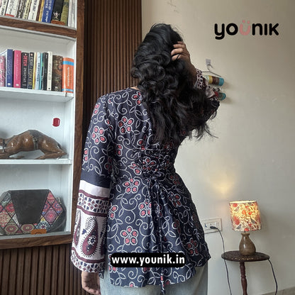 Black Floral Motifs Printed Bell Sleeve Corset Back Short Kurti