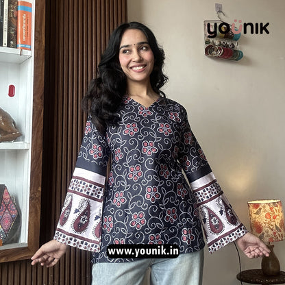 Black Floral Motifs Printed Bell Sleeve Corset Back Short Kurti