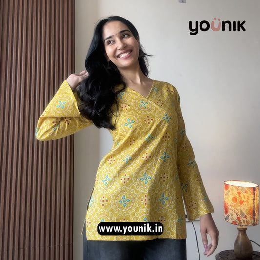 Mustard Geometric Printed Corset Back Short Kurti