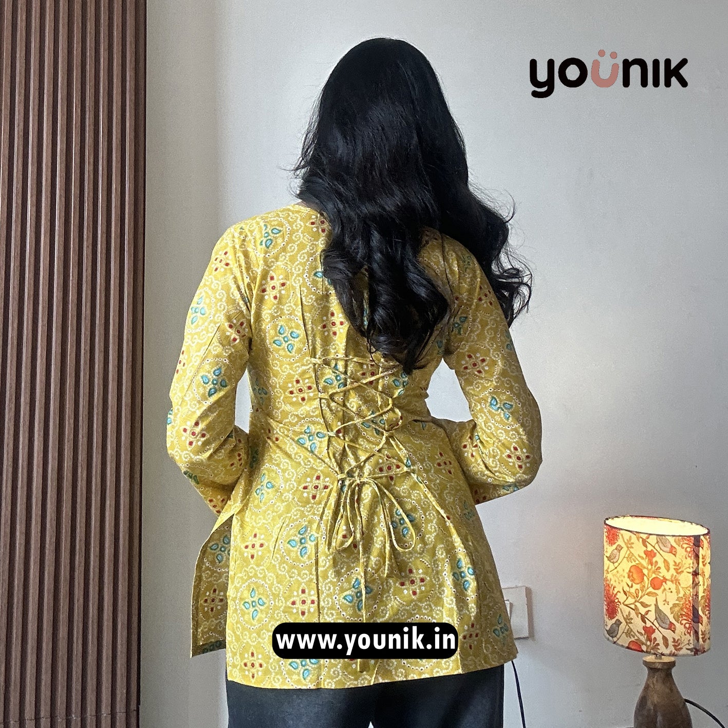 Mustard Geometric Printed Corset Back Short Kurti