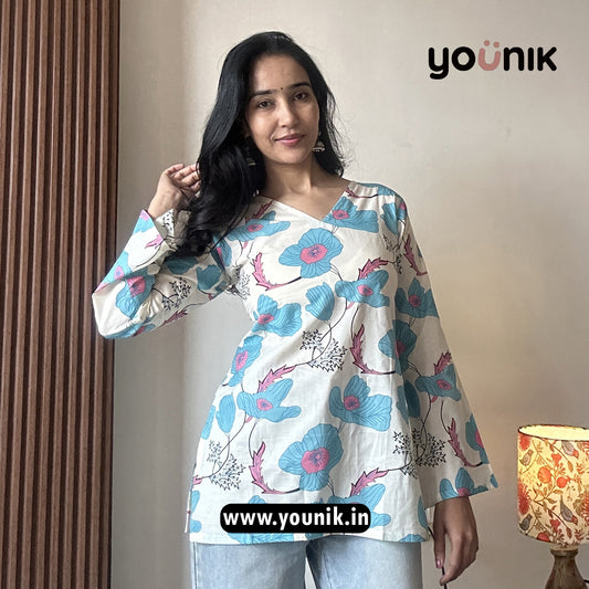 Sky Blue And White Floral Printed Corset Back Short Kurti