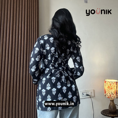 Black Floral Butta Printed Corset Back Short Kurti