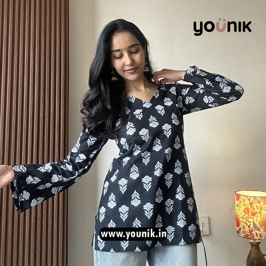 Black Floral Butta Printed Corset Back Short Kurti