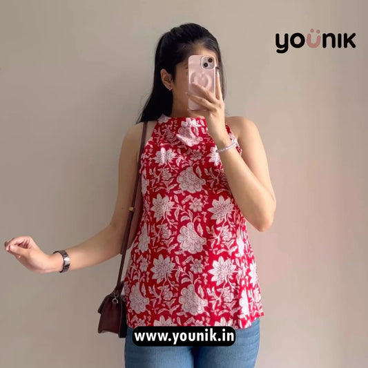 Red Floral Printed Halter Neck Sleeveless Short Kurti