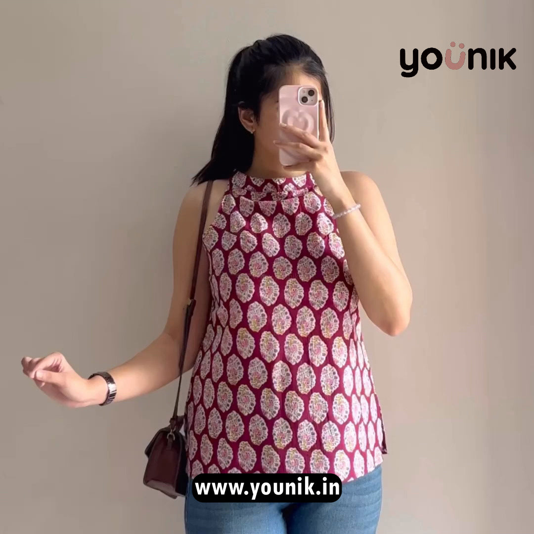 Maroon Printed Sleeveless Halter Neck Short Kurti