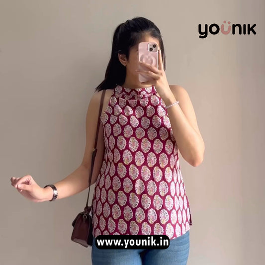 Maroon Printed Sleeveless Halter Neck Short Kurti