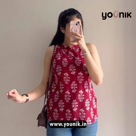 Antique Maroon Sleeveless Halter Neck Floral Printed Short Kurti