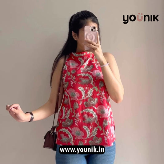 Trendy Red Sleeveless Halter Neck Printed Short Kurti