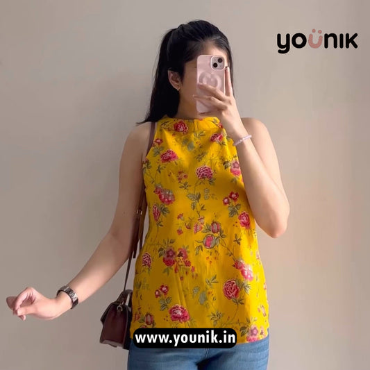 Yellow Floral Halter Neck Sleeveless Short Kurti