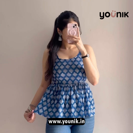 Indigo Blue Boho Printed Peplum Cotton Short Kurti