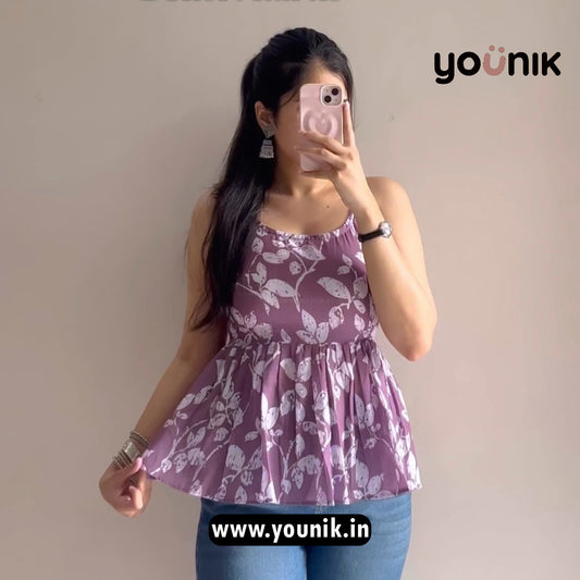 Lavender Leaf Printed Peplum Cotton Short Kurti