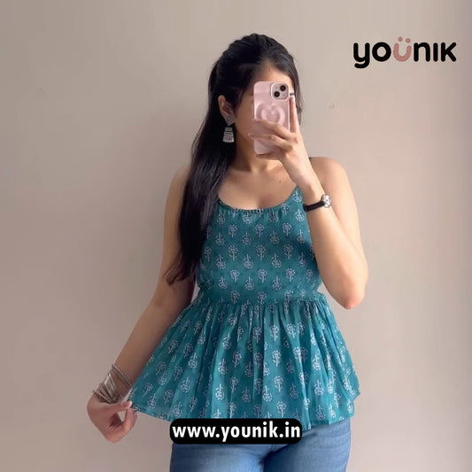 Teal Blue Printed Cotton Peplum Short Kurti