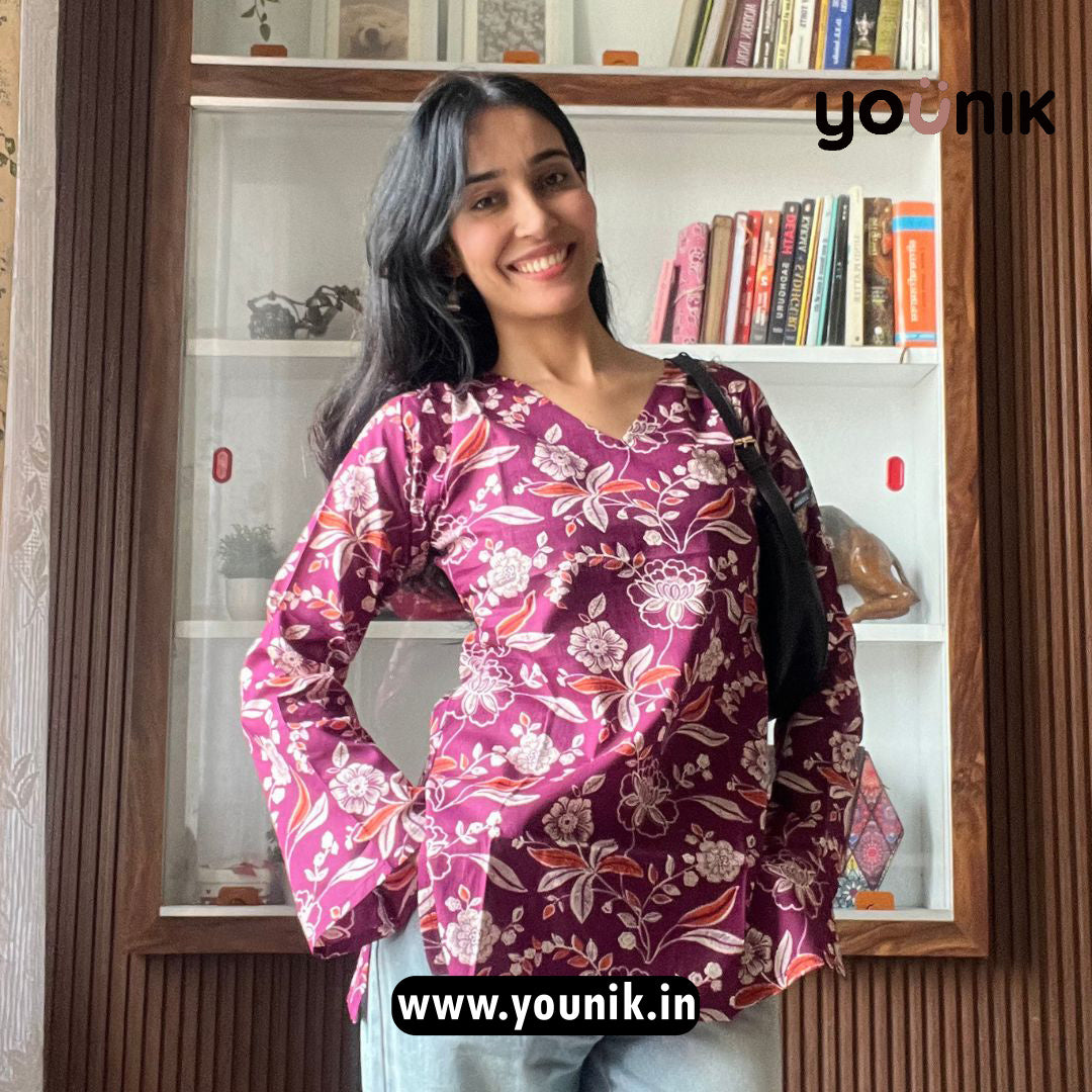 Rouge Pink Floral Printed Short Kurti