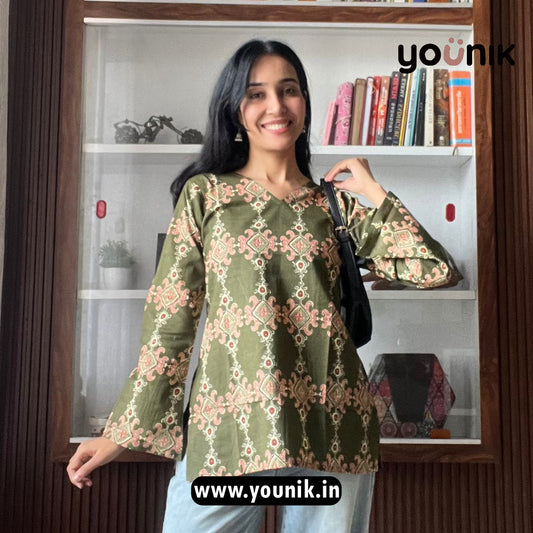 Olive Green Geometric Printed Bell Sleeve Short Kurti