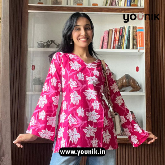 Vibrant Pink Floral Printed Short Kurti