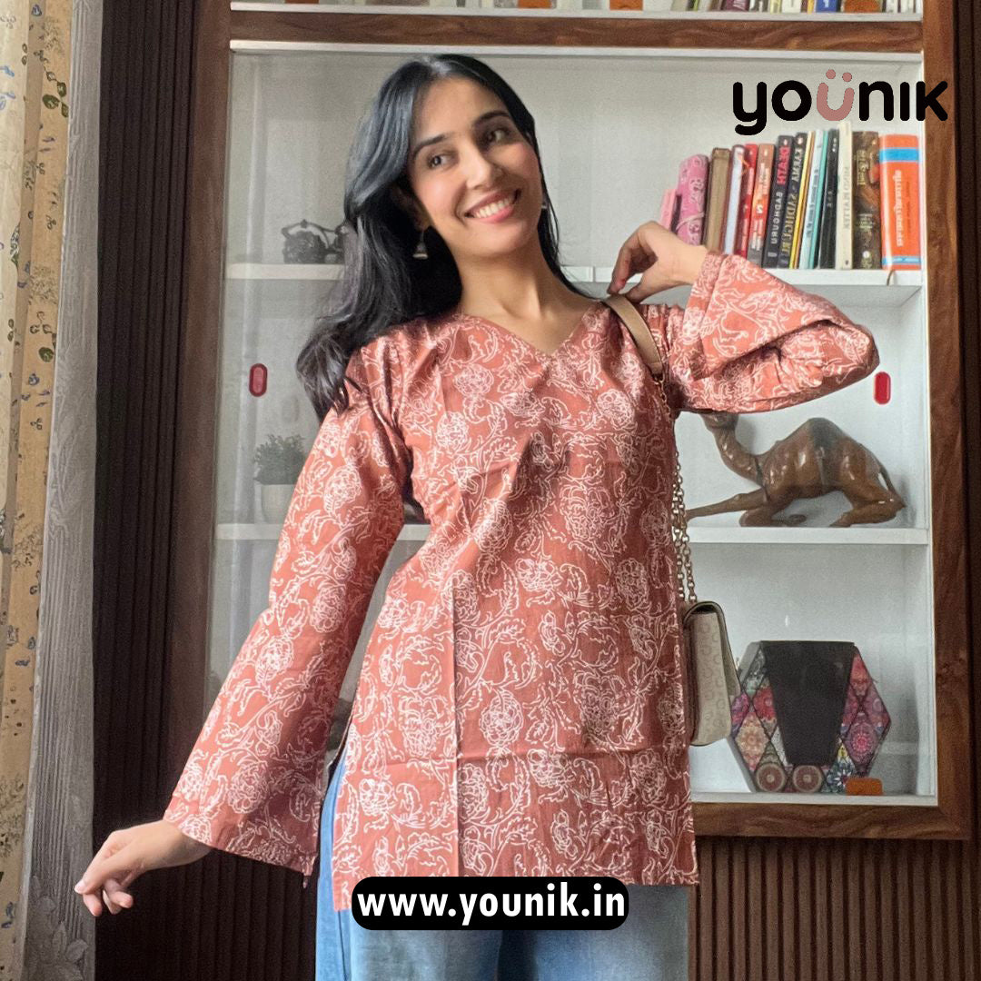 Earthy Rust And White Printed Short Kurti