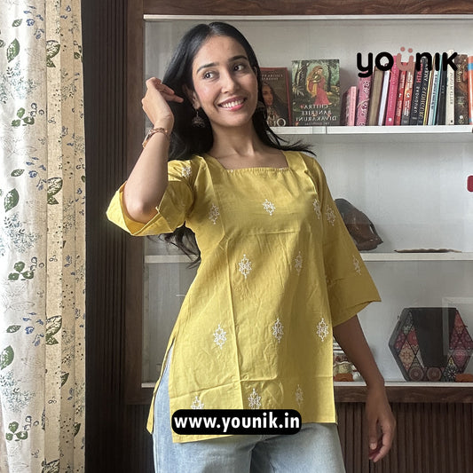 Lemon Yellow Square Neck Embroidered Pure Cotton Short Kurti