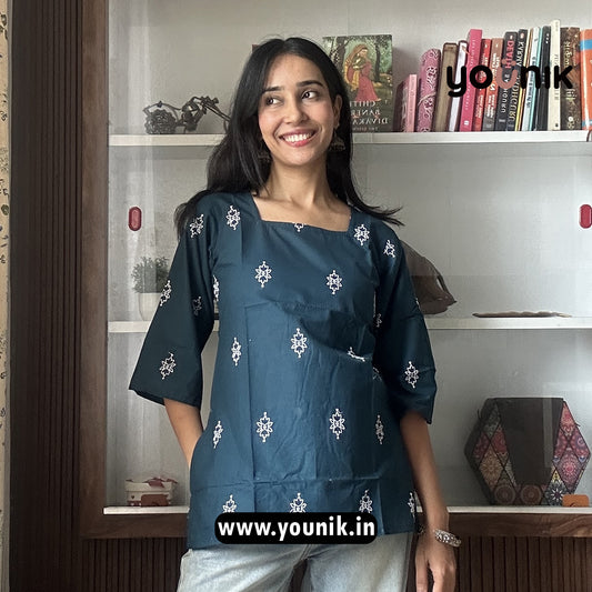 Elegant Teal Embroidery Pure Cotton Short Kurti