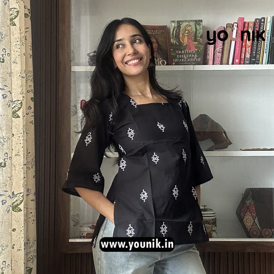 Black Square Neck Embroidered Pure Cotton Short Kurti