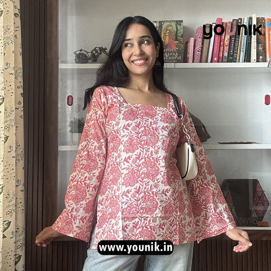 Ivory And Pink Floral Pure Cotton Short Kurti