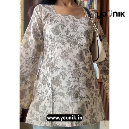 White And Gray Foil Printed Pure Cotton Short Kurti